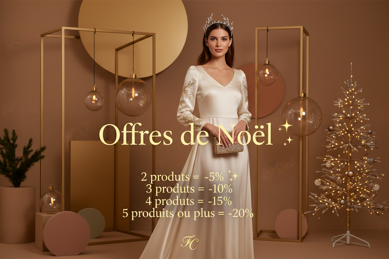 "Luxe kerstbanner voor een high-end kledingwebshop. Elegante vrouw in  Warme, minimalistische achtergrond met gouden accenten. Professionele, chique sfeer. met een kerst sfeer erin verewrkt

Alle tekst moet in het Frans staan:

‘Offres de Noël ✨
2 produits = -5%
3 produits = -10%
4 produits = -15%
5 produits ou plus = -20%’"